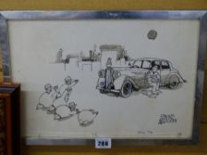 EDWARD McLACHLAN framed pen and ink cartoon, signed, 23 x 35 cms