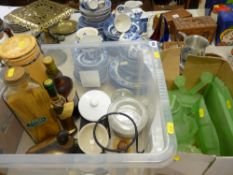 Box of dressing table glassware and tub of mixed provision containers, glassware including