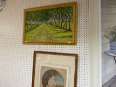 JAMES OWENS oil on board - tree lined track, 38 x 48 cms and a stamped oval print of a young girl