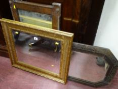 Gilt framed and bevelled edge mirror and two other wooden framed mirrors