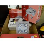 Box of electrical items including box of unused spotlights, two exterior floodlights by Homeguard