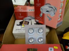 Box of electrical items including box of unused spotlights, two exterior floodlights by Homeguard