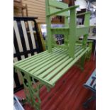 Painted wooden slatted garden table with metal ends and two painted wooden wide garden chairs