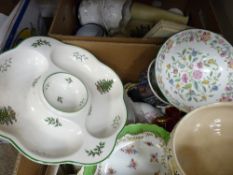 Two boxes of mixed porcelain including a Minton 'Haddon Hall' pedestal bowl, Spode 'Christmas