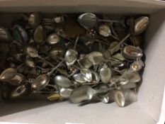 Box containing large quantity of souvenir spoons including many silver etc