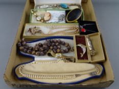 Twelve carat gold cameo brooch, bone snuff box and mixed jewellery