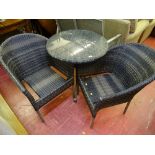 Metal and rattan effect circular garden table and two chairs