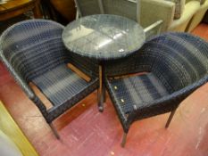 Metal and rattan effect circular garden table and two chairs