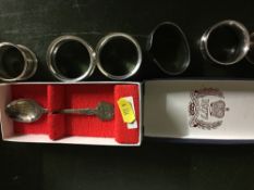 Silver napkin rings, souvenir spoon etc