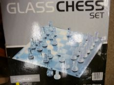 Boxed glass chess board and pieces