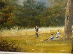 BARDEN oil on canvas - harvesting scene, signed, 19 x 24 cms