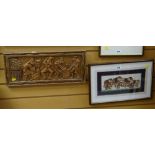 Framed Indian silk panel of elephants together with a naive tribal carving