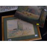 Unframed oil on canvas of a country scene, signed CLAUDE MONET to reverse together with a framed