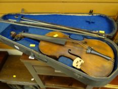 A vintage wooden cased Stradivarius copy violin & two bows