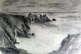 SARA JOHN charcoal drawing - West country coastal scene, entitled verso 'Cornish Cove', signed, 38 x