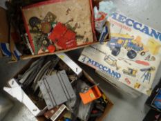 Two boxes containing vintage railway items, boxed Meccano set etc