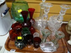 Tray of various coloured & clear glass including candlesticks, decanter etc