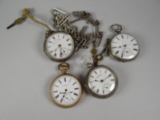 Three silver cased watches & one gold plated antique pocket watch together with two chains