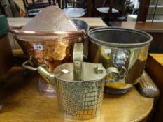 A copper coal scuttle, brass coal bucket with lion head handles & a brass watering can