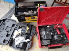 A cased McAllister cordless drill together with a cased Milwaukee electric drill & tool box