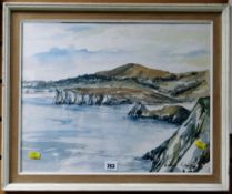 Framed watercolour of Three Cliffs Bay, The Gower by VALERIE GANZ