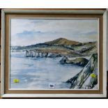 Framed watercolour of Three Cliffs Bay, The Gower by VALERIE GANZ