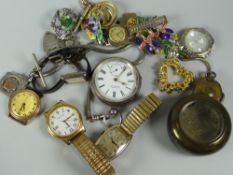 Hallmarked silver pocket watch, three silver fobs, believed gold cased wristwatch, small parcel of