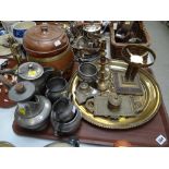 Tray of various metalware including a pewter coffee / teaset, brass tray, brass inkwells, copper ice