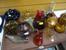 Tray of various coloured glass items including bowls, vases etc
