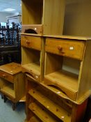 A parcel of various pine furniture including low bookcase, bedside cabinets, coffee table
