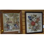 Two framed embroideries - one still life of flowers the other rustic scene