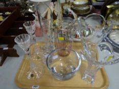 A tray of various glassware including a pair of candlesticks, vases etc