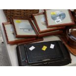 A vintage camera & set of seven framed miniature watercolours