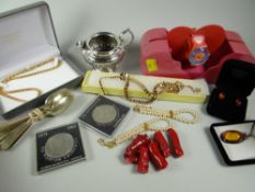 Parcel of costume jewellery, two commemorative coins, EPNS etc