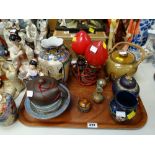 Tray of Oriental decorated items including cloisonne-style ginger jar & small vases, novelty table