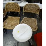 Three tubular metal round wooden seated stools & two rattan metal chairs
