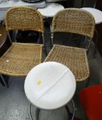 Three tubular metal round wooden seated stools & two rattan metal chairs