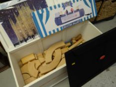 A child's wooden painted toy box & contents including wooden building blocks etc
