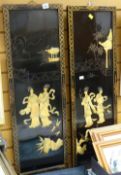 Two Oriental lacquer with relief panels of females