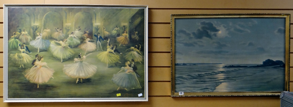 Two framed prints - coastal scene & ballet dancers