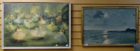 Two framed prints - coastal scene & ballet dancers