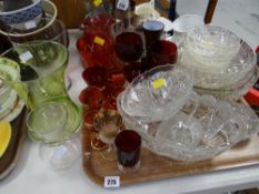 Tray of coloured & clear pressed glass including bowls, ruby glass vase etc
