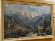 Framed oil on canvas of an alpine valley scene