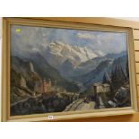 Framed oil on canvas of an alpine valley scene