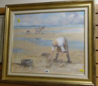 Framed oil on board by DAVID EVANS, 'Penclawdd Cockle Pickers'