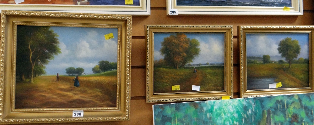 Three framed oils on board by R WITCHARD of figures in rural settings