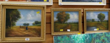 Three framed oils on board by R WITCHARD of figures in rural settings