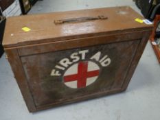 A vintage wooden first aid box & contents