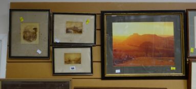 Three framed prints on silk of rustic scenes together with a framed print