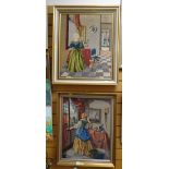 Two framed cross stitch embroidered pictures of ladies